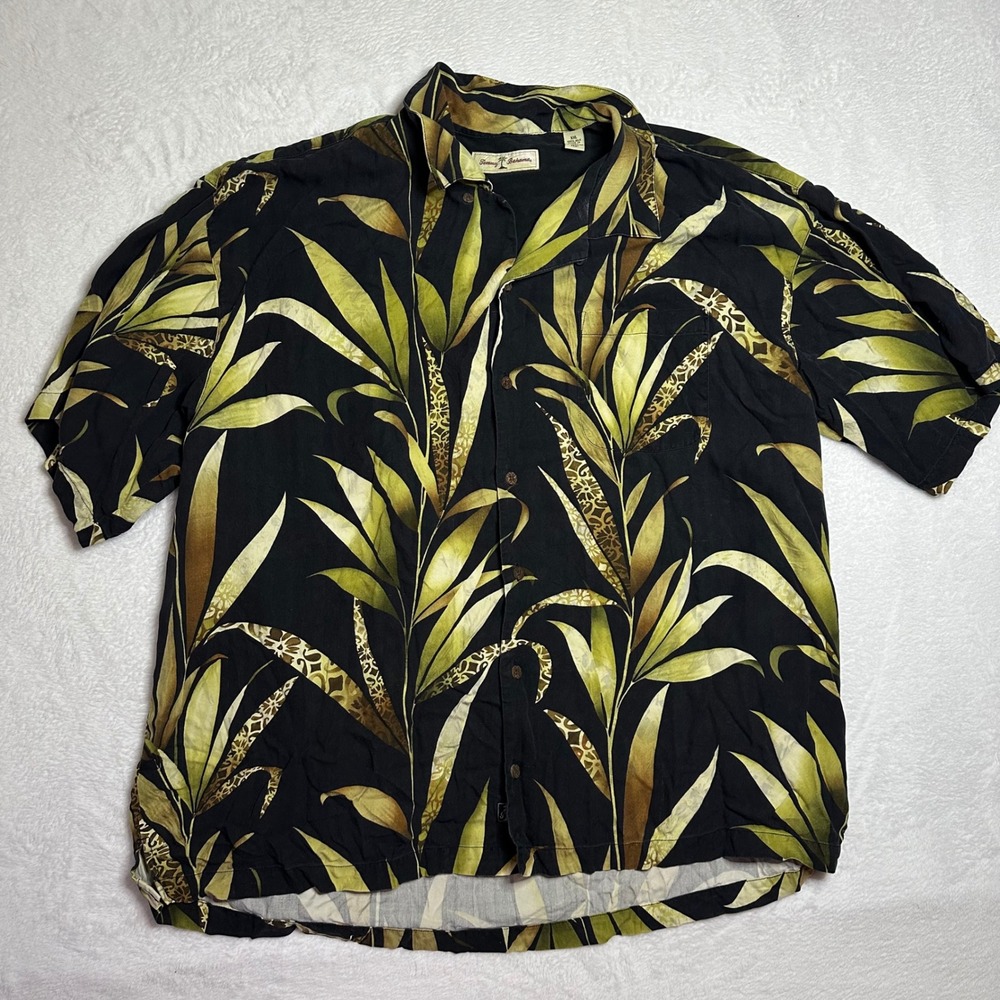 Tommy Bahama Mens XXL Silk Tropical Leaf Print Camp Shirt Black Green SS 2XL